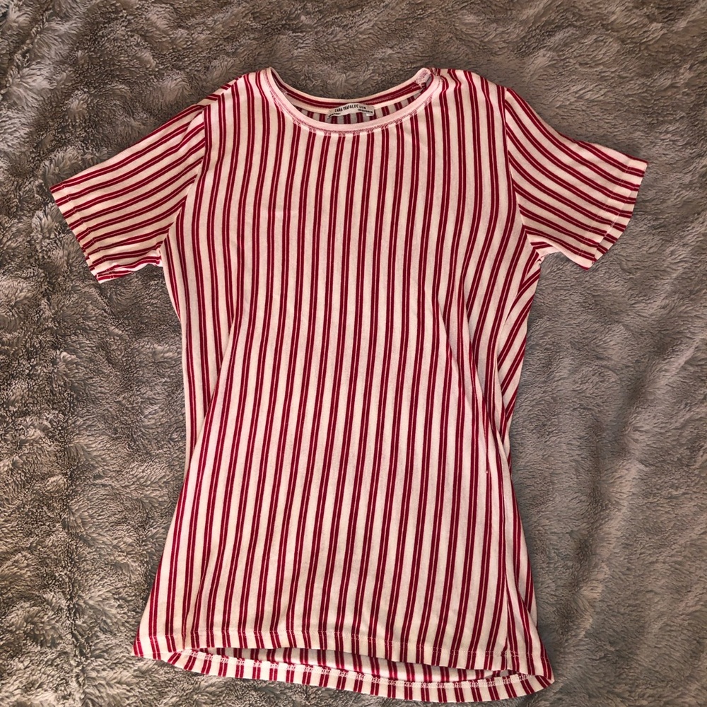 Zara Red and White Striped Short Sleeve Tee